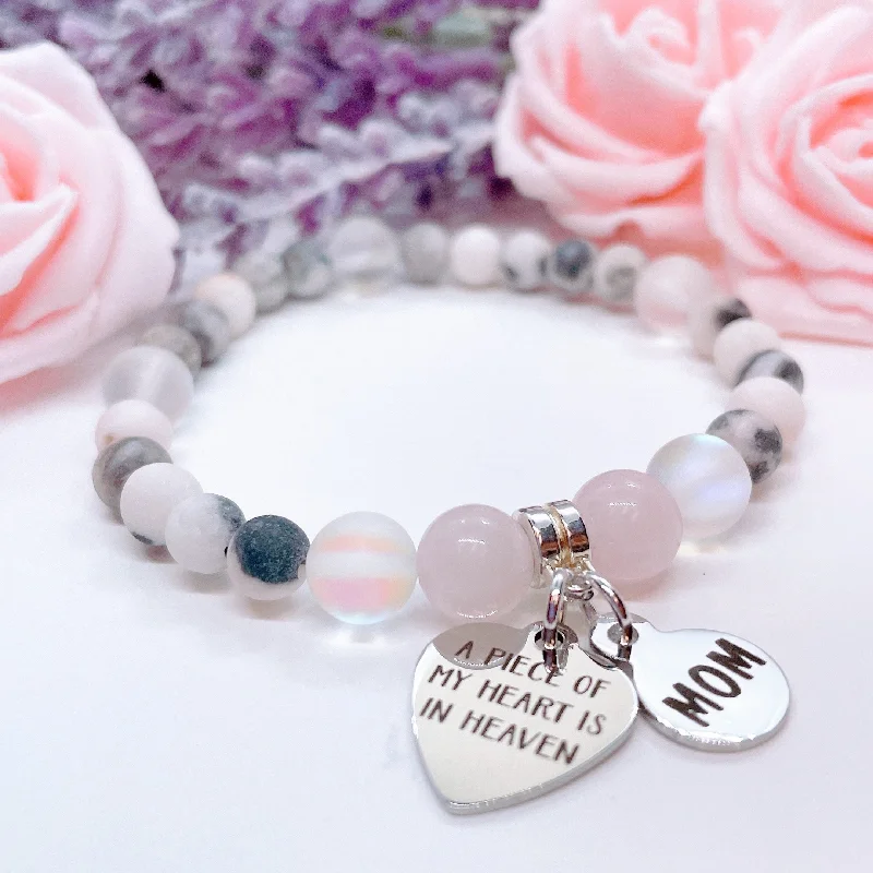 Shiny bead bangles-Mom: A Piece of my Heart is in Heaven Heart Companion Charm Bracelet Rose Quartz