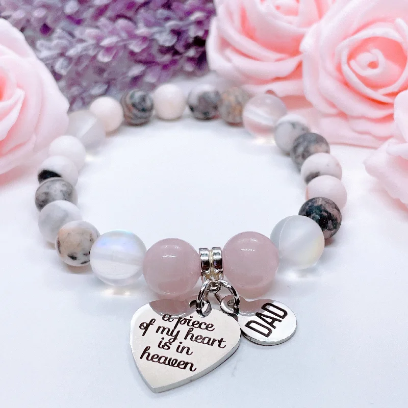 Fun bangles-Dad: A Piece of my Heart is in Heaven Classic Charm Bracelet Rose Quartz