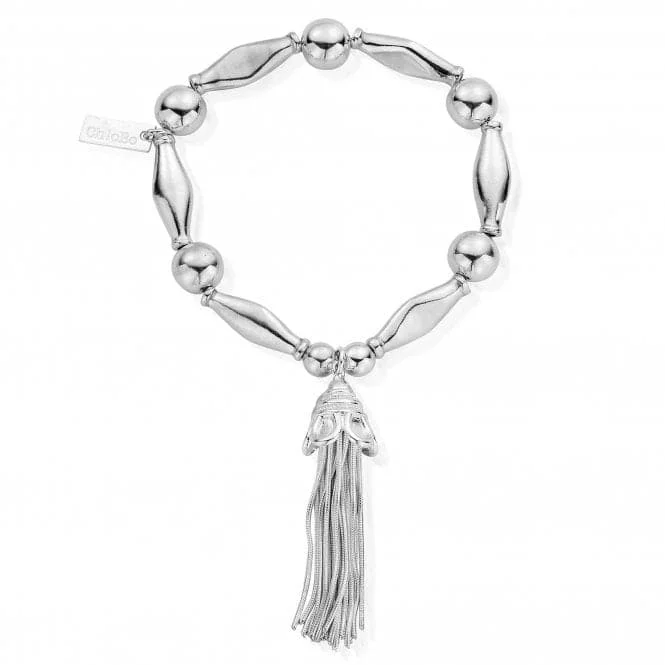 Sleek design bangles-ChloBo Chunky Silver Tassel Bracelet with 925 Beads & Noodle Detail