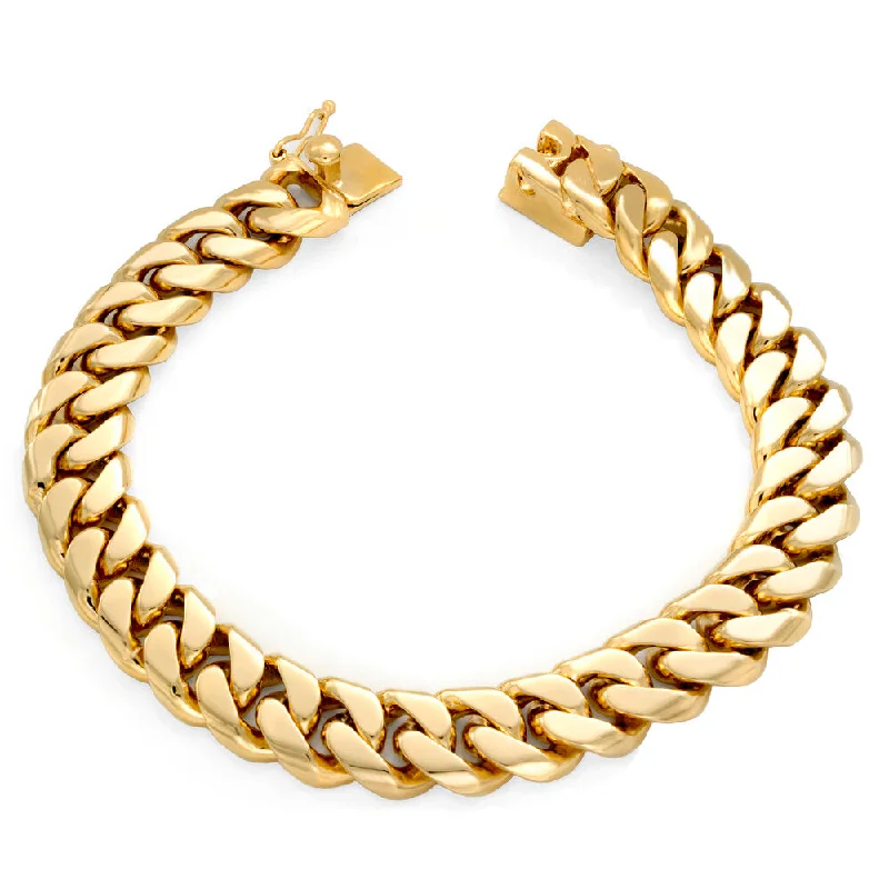 Solid gold bracelets-Yellow Gold Plated 12 mm Handmade Cuban Link Bracelet