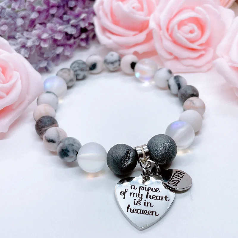 Solid cuff bangles-Sister: A Piece of my Heart is in Heaven Classic Charm Bracelet Druzy