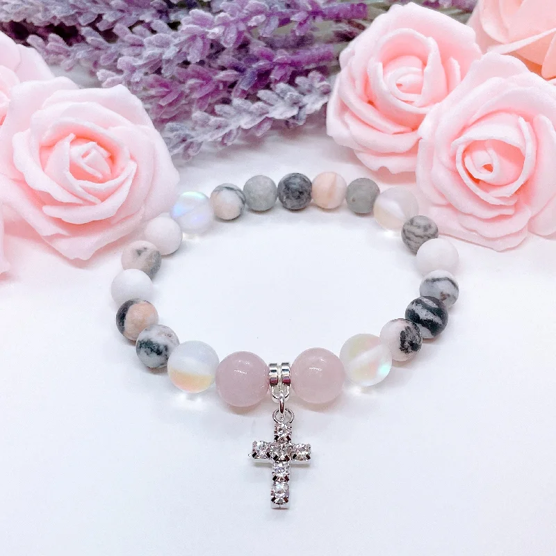 Square shape bracelets-Rhinestone Cross Classic Charm Bracelet Rose Quartz