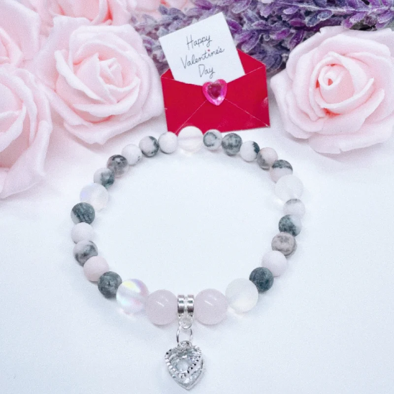 Soft wood bracelets-Floating Crystal Heart Companion Charm Bracelet Rose Quartz