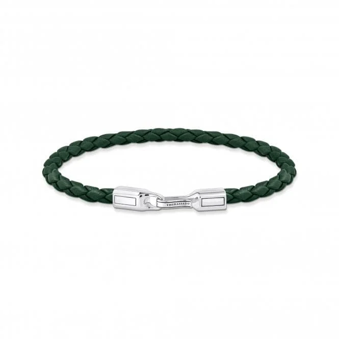 Tri-tone bracelets-Sterling Silver Braided Green Leather Bracelet A2147-682-6