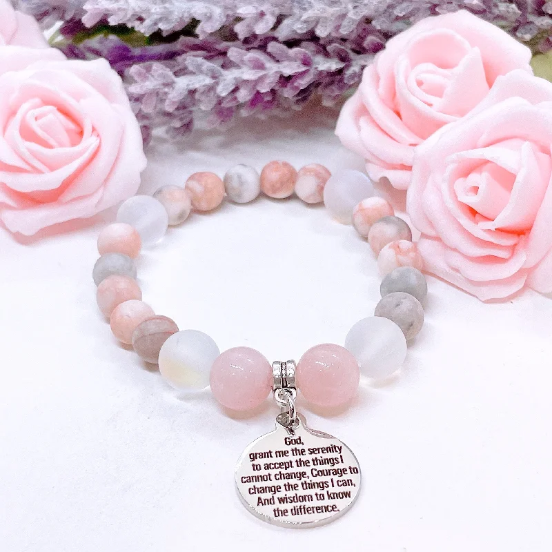 Ruby bracelets-Serenity Prayer Classic Charm Bracelet Rose Quartz