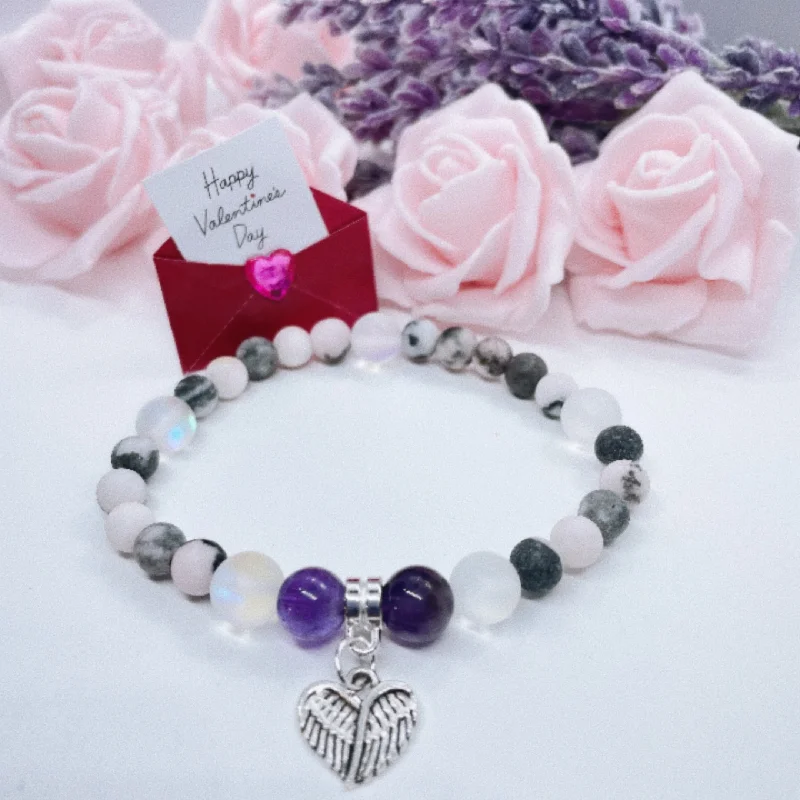 Woven thread bracelets-Angel Wings Heart Companion Charm Bracelet Amethyst