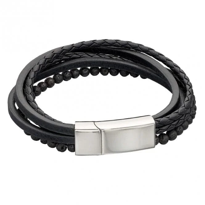 Wolf motif bracelets-Multi Row Black Leather Lava Beads Bracelet B5405B