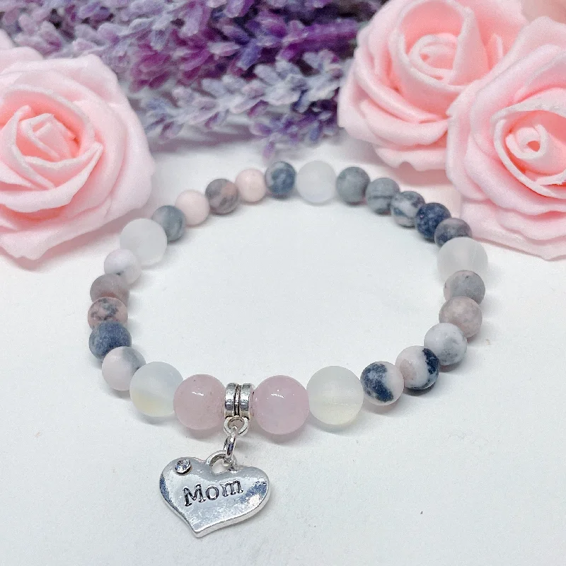 Thread edge bangles-Mom Heart Companion Charm Bracelet Rose Quartz