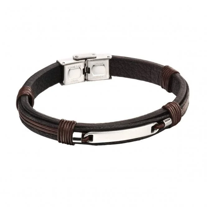 Stone-twisted bangles-ID Bar Black Leather Brown Cord Detail Bracelet B5416