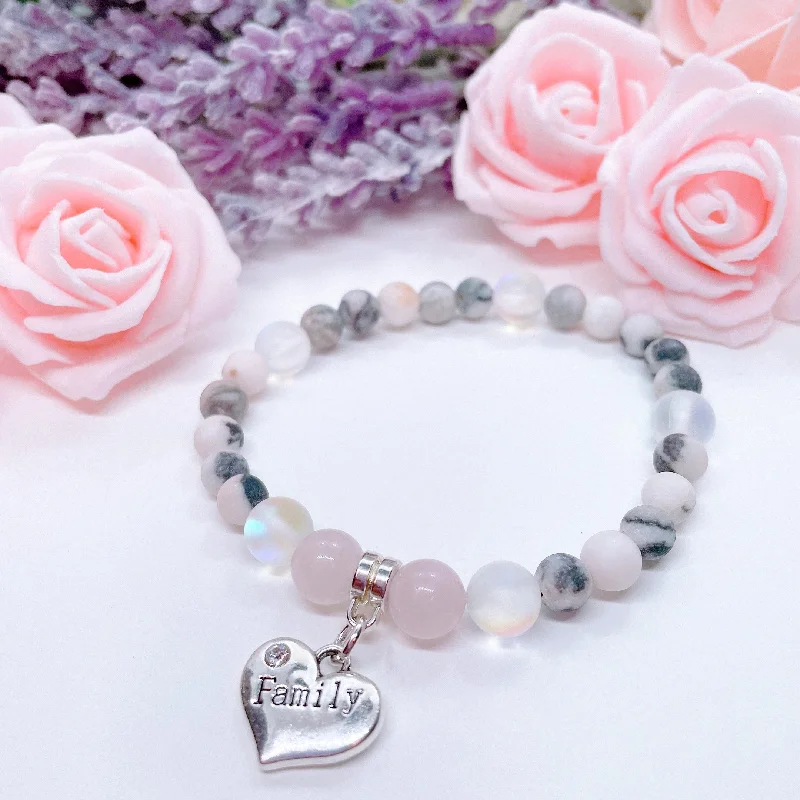 Aged cameo bracelets-Family Heart Companion Charm Bracelet Rose Quartz