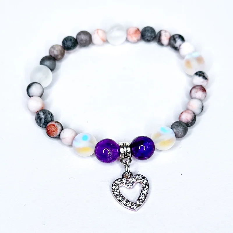 Onyx bracelets-Rhinestone Heart Companion Charm Bracelet Amethyst